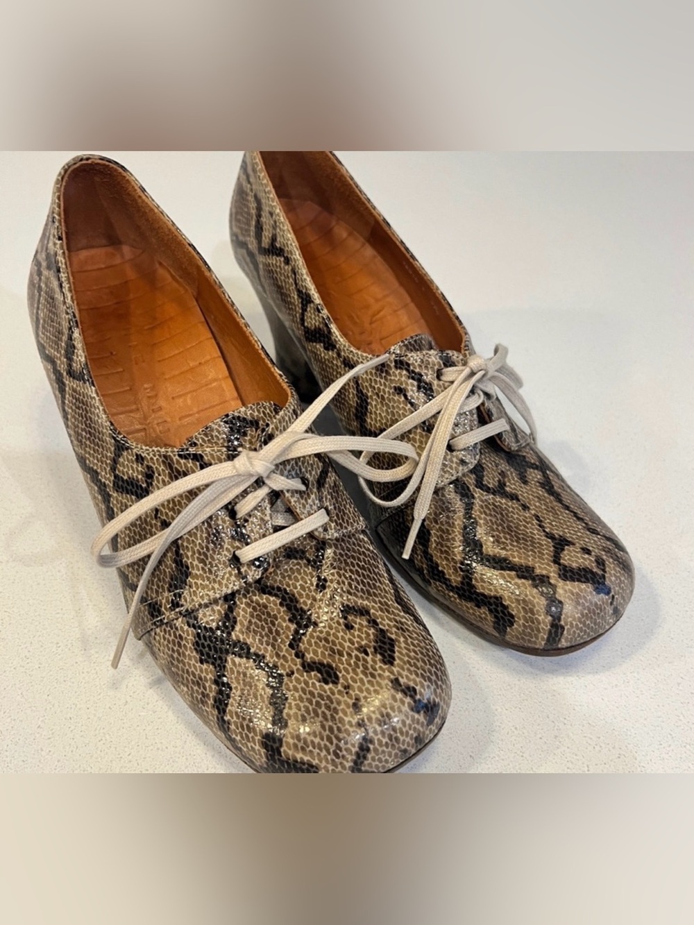Chie Mihara $385 Snakeskin Lace Up Heels Size 37.5